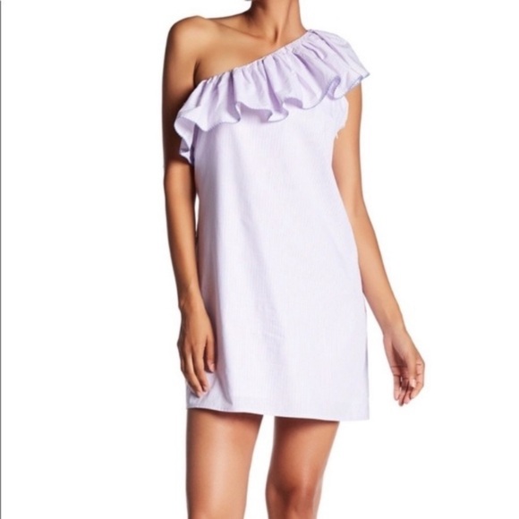 Parker One Shoulder Ruffle Dress Stripe Red Blue - Picture 6 of 7